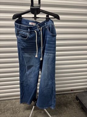 Relaxed Wide-Leg Drawstring Jeans - Dark Blue